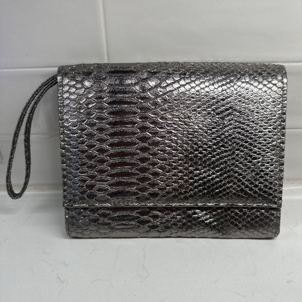 Neiman Marcus Silver Faux Leather Clutch Wristlet Purse